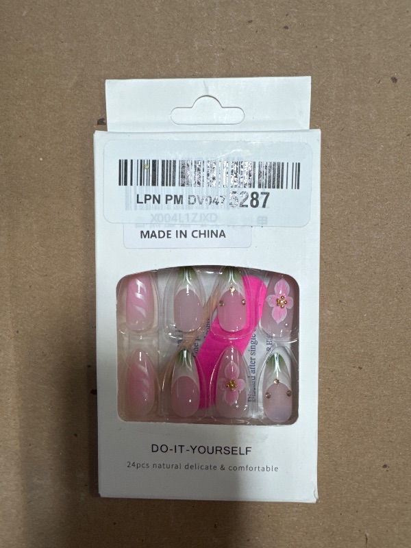 Photo 1 of Almond Press on Nails Medium Pink Fake Nails with Floral Design Spring Flower False Nails Green Pink French Tip Nails 3D Gel Acrylic Nails Cute Glue on Nails Cherry Stick on Nails for Women 24Pcs
