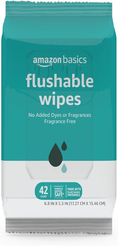 Photo 1 of Amazon Basics Adult Wet Wipes Flushable Fragrance Free, 126 Count (2 Packs of 42) Packaging May Vary