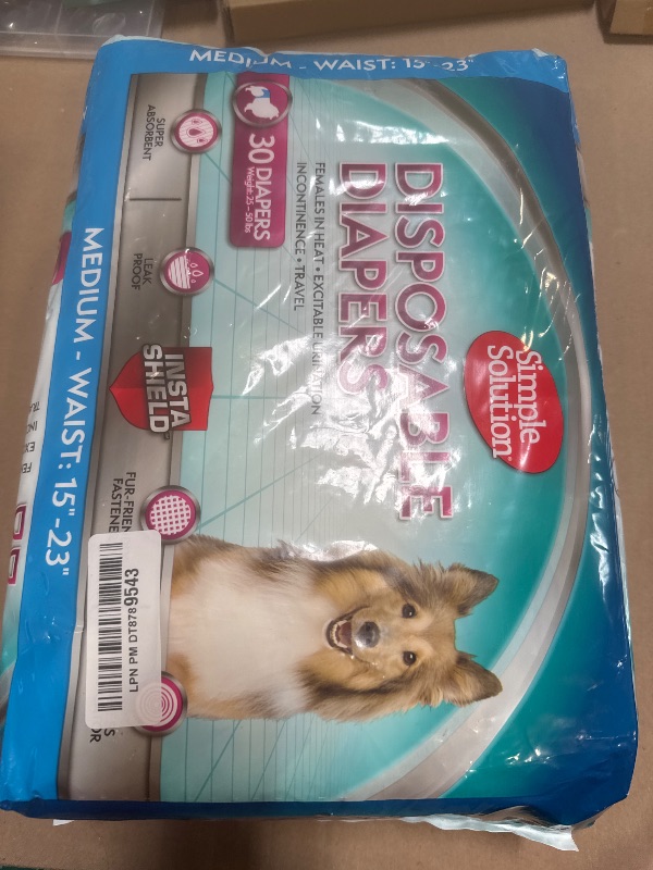 Photo 1 of Simple Solution Disposable Dog Diapers, Female Dog Diapers, Puppy Potty Training, Incontinence and Heat Cycle Protection, Medium Diapers for Dogs, 15-23 Inch Waist, 30 Count