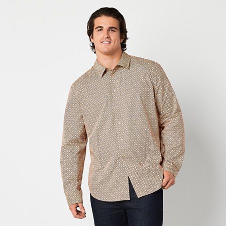 Photo 1 of Abbott Elementary Mens-Big and Tall Cuffed Sleeve Long Sleeve Button-Down Shirt, 1x-large Tall, Beige
