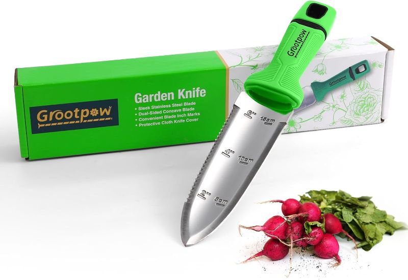 Photo 1 of Grootpow GK01 Hori Hori Garden Knife, Full Tang Gardening Knife with 7.1" Stainless Steel Double-Edged Blade, Heavy Duty Gardening Hand Tool for Weeding and Gardening with Oxford Sheath - in Gift Box
