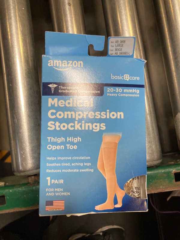 Photo 1 of Amazon Basic Care Medical Compression Stockings, 20-30 mmHg Support, Women & Men Thigh Length Hose, Open Toe, Beige, Large (Previously NuVein)