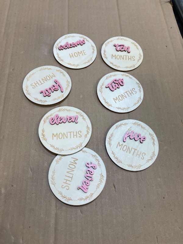 Photo 1 of 7 Pcs Months Baby Milestone Signs, 3D Pink Baby Monthly Milestone Cards Milestone Wooden Circles for Newborn Boy Girl 1-12 Months Baby Milestone Pictures (Double Sided)
