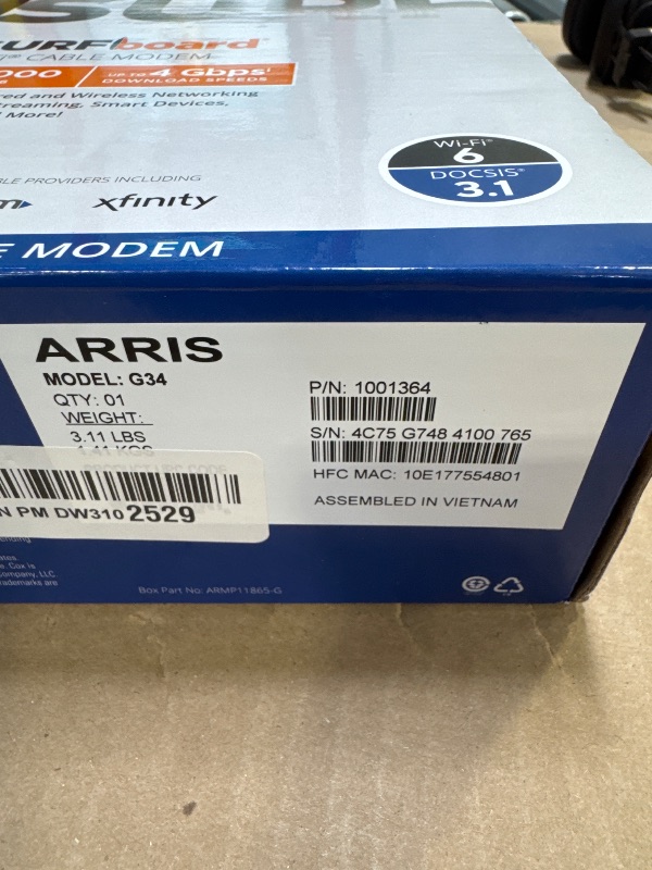 Photo 1 of ARRIS (G34) - Cable Modem Router Combo - Fast DOCSIS 3.1 Gigabit WiFi 6 (AX3000), Approved for Comcast Xfinity, Cox, Spectrum & More, 1 Gbps Max Internet Speeds