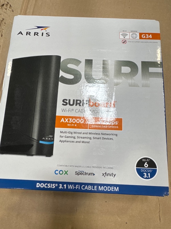 Photo 1 of ARRIS (G34) - Cable Modem Router Combo - Fast DOCSIS 3.1 Gigabit WiFi 6 (AX3000), Approved for Comcast Xfinity, Cox, Spectrum & More, 1 Gbps Max Internet Speeds