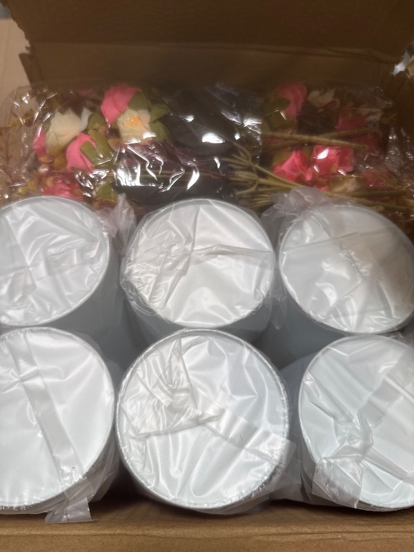 Photo 1 of 6 Set Fake Flower in Vase, Artificial Flowers with Vase, Centerpiece Table Decorations with 6 Pcs 6 Inch Large Vases and 12 Pcs Mixed Colors Silk Rose Bouquet for Wedding Home Office Farmhouse Decor