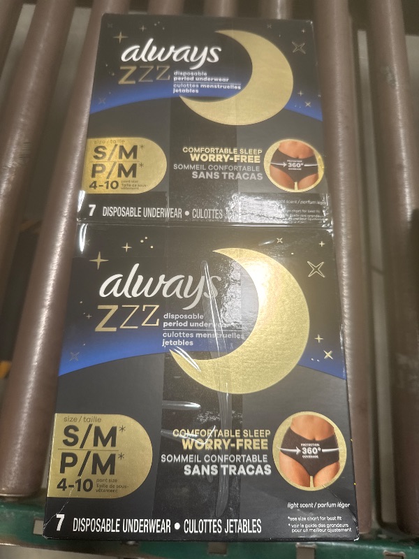 Photo 1 of Always ZZZs Overnight Disposable Period Underwear for Women, Size S/M, Black Period Panties, Leakproof, 7 Count, Pack of 2 (14 Count Total)