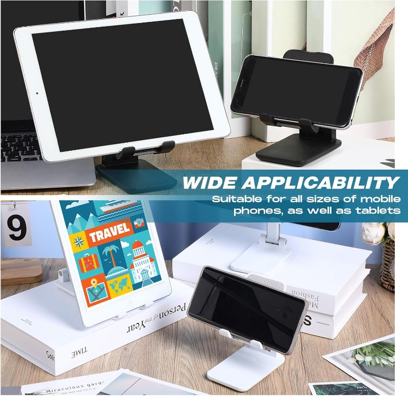 Photo 1 of  Cell Phone Stand Desk Table Adjustable Angle Height Phone Stand Foldable Portable Mobile Phone Holder Silicone Pad Smartphone Tablet Stand Bulk for Office Travel Filming Photography, BLACK 