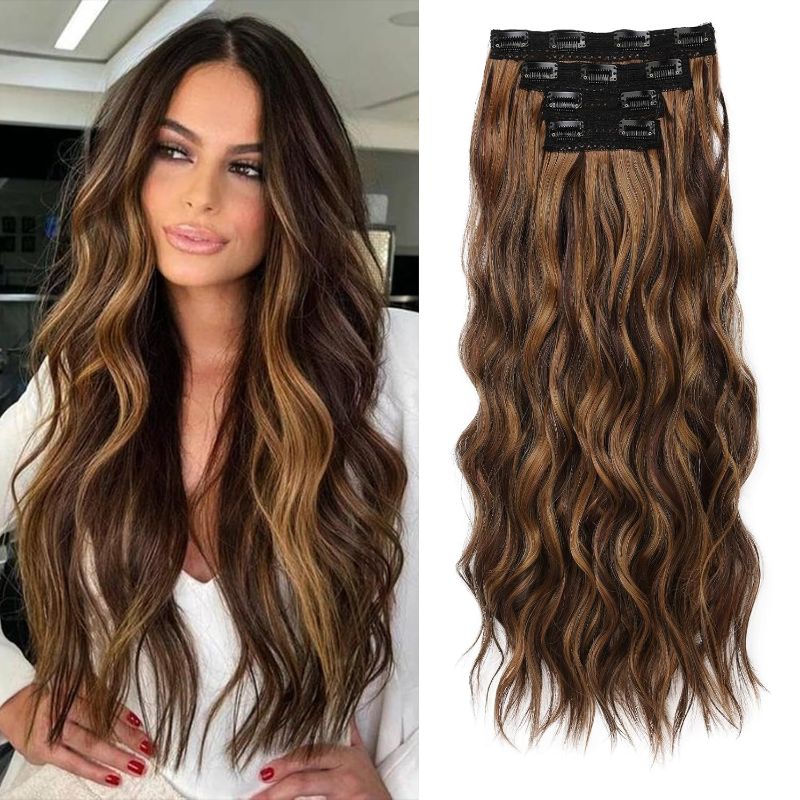 Photo 1 of REECHO Clip in Hair Extensions, 4PCS Blonde Hair Extensions 24" Thick Long Beach Waves hair extensions HE003 Invisible Lace Weft Natural Soft Hairpieces for Women – 