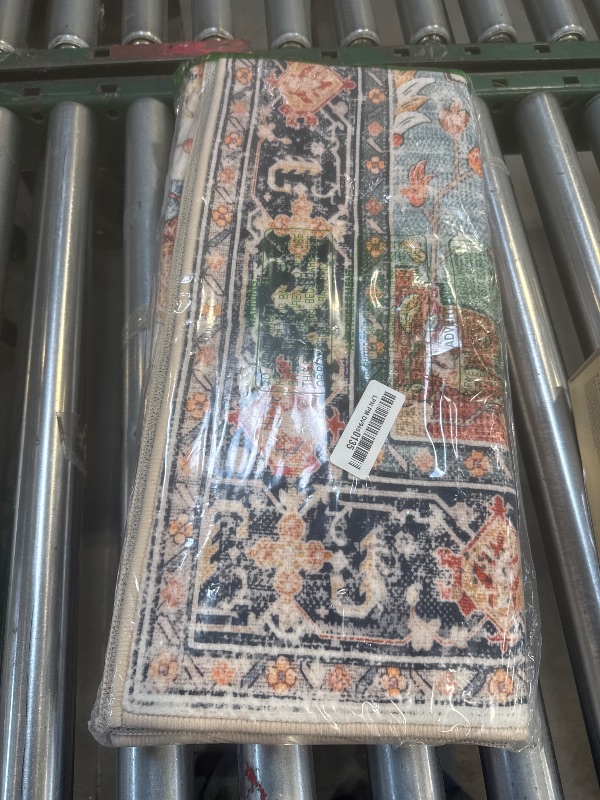 Photo 1 of RELEANY Area Rugs 3'x5' Washable Non-Slip, Floral Vintage Distress Print Pattern Medallion Carpet for Living Room Bedroom Dining Room, Beige Navy Blue Orange Colorful