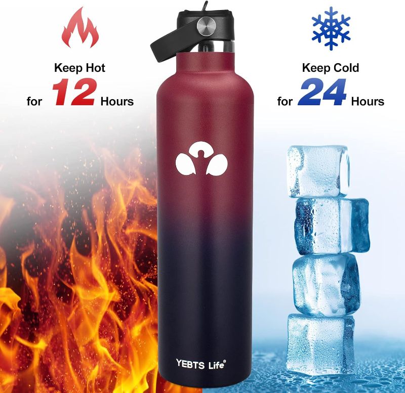 Photo 1 of 32 oz Insulated Water Bottle with Straw, Stainless Steel Water Bottles with 2 Lids, Reusable Leakproof Water Flask Keep Hot and Cold, Sports Metal Water Bottle for Hiking Biking Gym (Dark Rainbow)