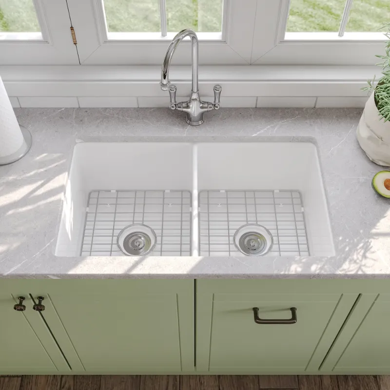 Photo 1 of 32 in. L x 19 in. W White Fireclay Rectangular Double Bowl Undermount Kitchen Sink with Bottom Grid and Basket Strainer