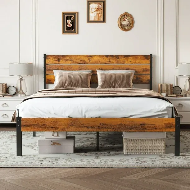 Photo 1 of Full Size Metal Bed Frame with Industrial Wooden Headboard, Ample Storage, Noise-Free Design, Sturdy Steel Slat Support, Rustic Brown