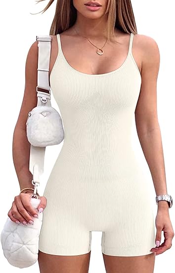 Photo 1 of Size M--Women Workout Seamless Jumpsuit Yoga Ribbed Bodycon One Piece Spaghetti Strap Shorts Romper