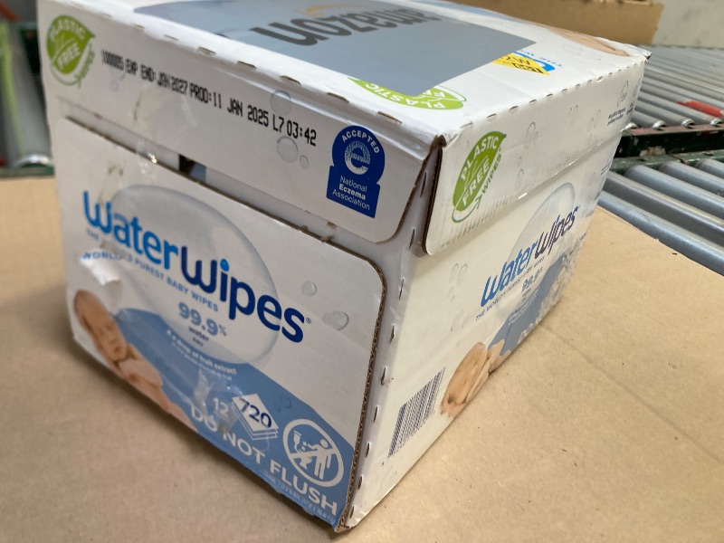 Photo 1 of exp date 01/2025--WaterWipes Plastic-Free Original Baby Wipes, 99.9% Water Based Wipes, Unscented & Hypoallergenic for Sensitive Skin, 60 Count (Pack of 12), Packaging May Vary
