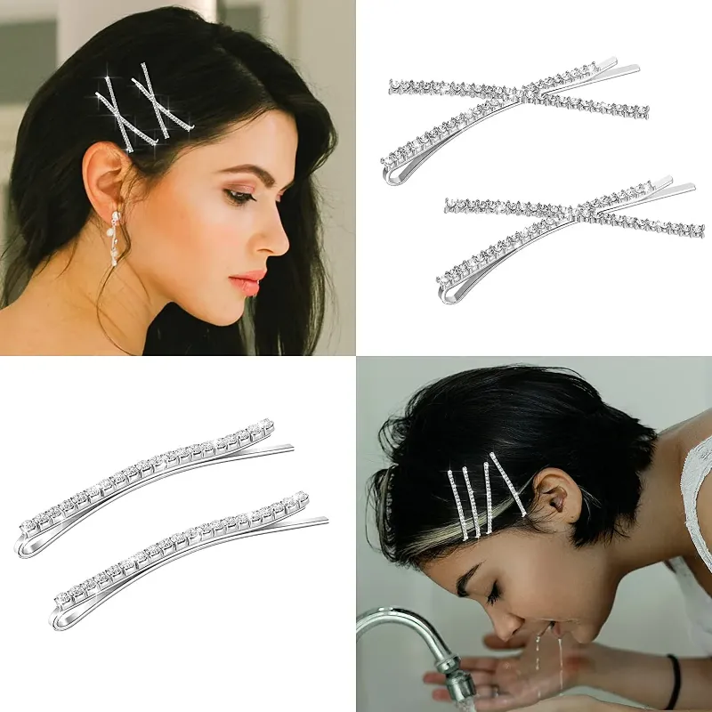 Photo 1 of  Rhinestone Bobby Pins Decorative Fancy Crystal Hair Clips Shiny Metal X Shaped Barrettes Bling Diamond Wedding Bridal Shower Hair Accessories for Women Ladies Girls (Silver)