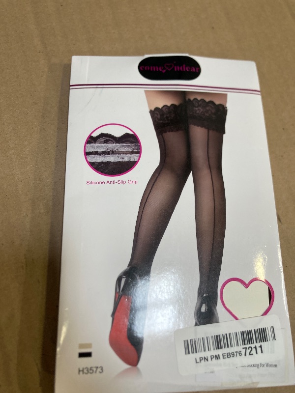 Photo 1 of comeondear Black Sexy Thigh High Sheer Stockings Lace Vertical Line With Antiskid Silicone Lace Stocking For Women