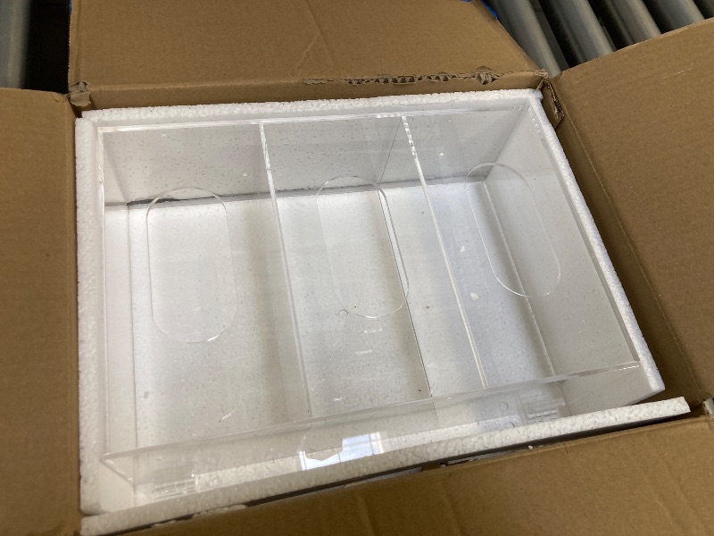 Photo 1 of Aphbrada Hairnet & Shoe Cover Dispenser Triple Disposable Mask Plastic Glove Box Holder with Lid Wall Mount Acrylic Clear Storage Containers for Organizing Sanitation Tool Case (Clear)