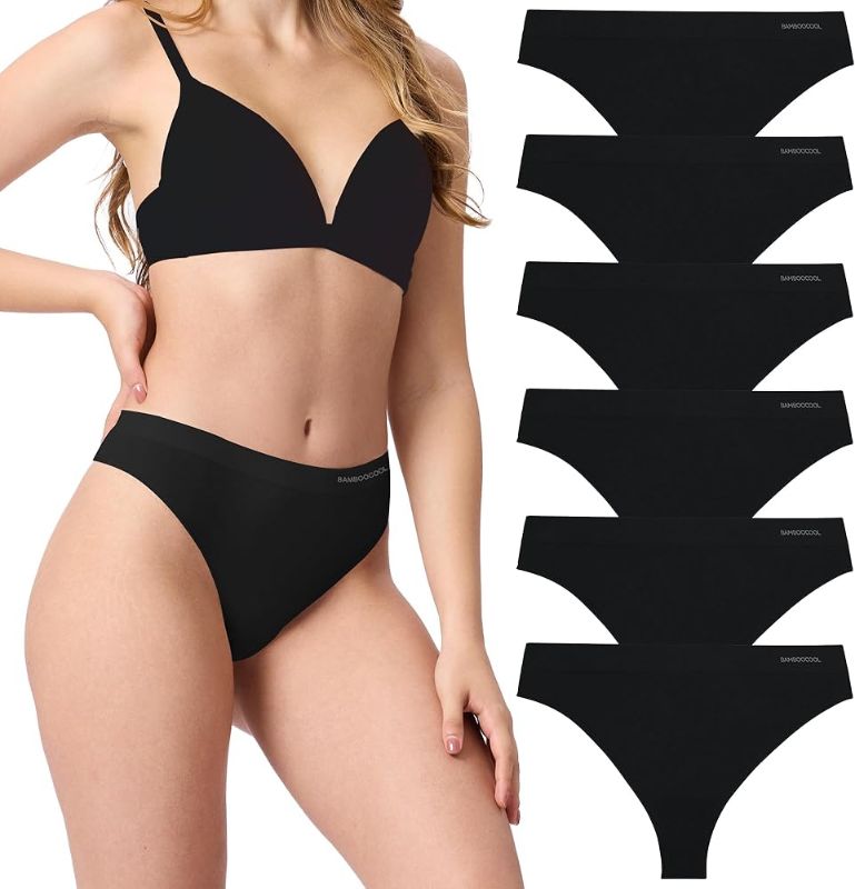 Photo 1 of BAMBOO COOL Women's Thongs Seamless Moisture-Wicking Breathable Underwear High Stretchy Mid Waisted Panties Tagless 6 Pack, SIZE M