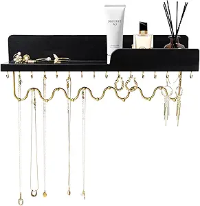 Photo 1 of Hanging Jewelry Organizer with 29 Hooks and Cosmetics Shelf, Modern Wood Wall Mounted Jewelry Holder for Necklaces, Bracelets, Earrings and Rings, Black