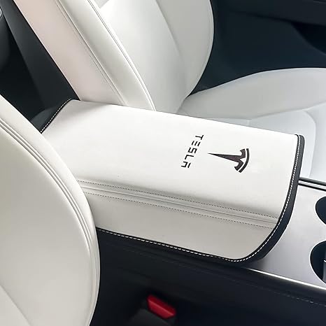 Photo 1 of Car Armrest Cover for Tesla Model 3 Y Leather Center Console Armrest Box Cover Anti-Scratch Protector Pad Interior Accessories for Tesla Model 3 Model Y 2017-2024 (White)