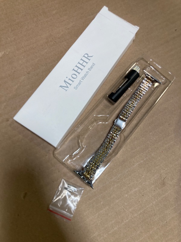 Photo 1 of MioHHR Slim Metal Band Compatible with Apple Watch Band 42mm(Series 10) 41mm 40mm 38mm,Dressy Stainless Steel Chain Strap for Women iWatch Bands Series 9 8 7 6 5 4 3 2 1 SE,Silver/Gold
