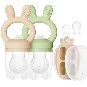Photo 1 of  2 Packs Baby Fruit Feeder & Freezer Nibble Tray Combo, Push Pop Baby Food Feeder to Safely Introduce New Foods, Fresh & Frozen Food Silicone Feeder, 100% Food Grade, BPA Free (Caramel & Olive)