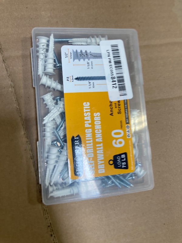 Photo 1 of JEGONFRI 60PCS Self Drilling Drywall Anchors and #8 Screws, Wall Anchors for Drywall Heavy Duty Holds Upto 75LB, No Pre Drill Hole Required, Dry Wall Screws and Anchors Kit