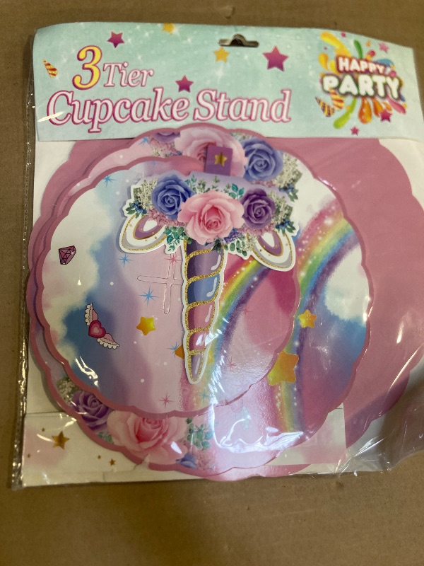 Photo 1 of 2 Pack Unicorn Cupcake Stands Birthday Decorations: 3-Tier Unicorn and Rainbow Theme Party Supplies Cake Stand Toppers for Girls Kids - Suitable for 48pcs Cupcakes Pink Table Decorations