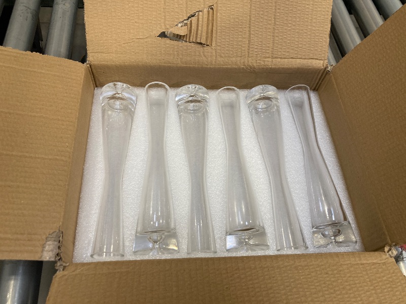 Photo 1 of Hewory Glass Bud Vases for Centerpieces Set of 6, Handmade Modern Clear Small Skinny Decorative Single Flower Vase, Minimalist Slim Floral Vase for Home Wedding Party Events Table Decor, 9.64"