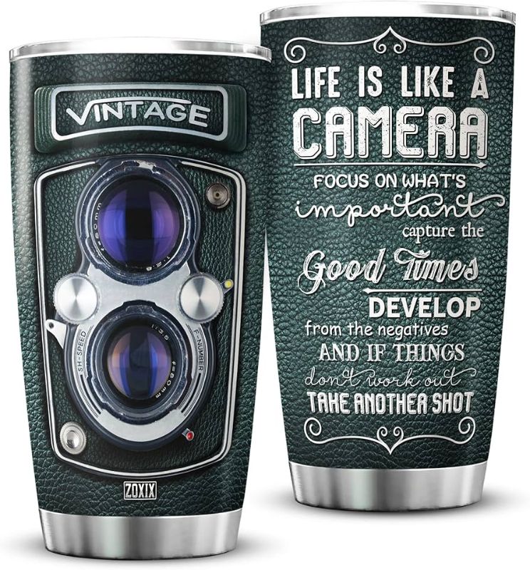 Photo 1 of  ZOXIX Life Is Like A Camera Tumblers 20oz Photographer Gifts Unique Coffee Cups With Motivational Sayings Insulated Mug For Photographers Cameraman Gift Vintage Print Tumbler 
