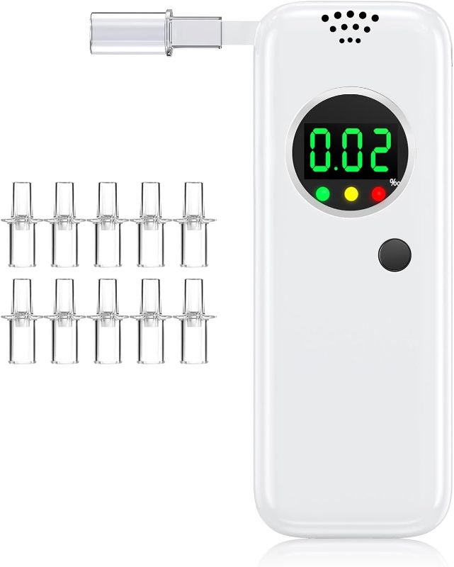 Photo 1 of  Breathalyzer,High-Accuracy Professional Alcohol Tester with 10 Mouthpieces,LCD Digital Display Alcohol Tester for Personal & Professional Use(White) 