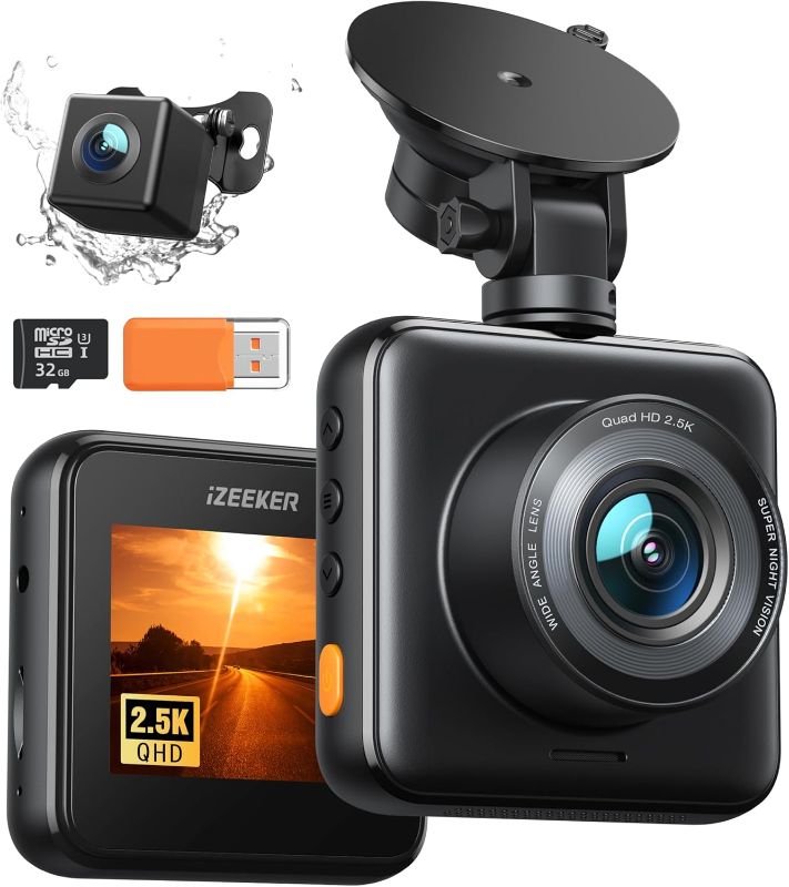 Photo 1 of  iZEEKER 2.5K Dash Cam Front and Rear with SD Card, 1440P Car Camera Dashboard, Dual Dashcam for Cars 170° Wide Angle, G-Sensor, Night Vision, 24H Parking Monitor Support, WDR 
