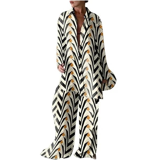 Photo 1 of Casual 2 Piece Outfits for Women Ladies Fashion Casual Trend Print Loose Long Sleeve Shirt Straight Leg Pants Suit Women, SIZE L