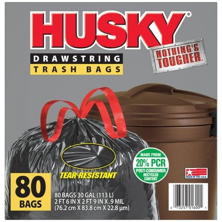 Photo 1 of Husky Large Trash Bags 30 Gallon 80 Black Bags (Unscented Tear-Resistant Drawstring 20% PCR)