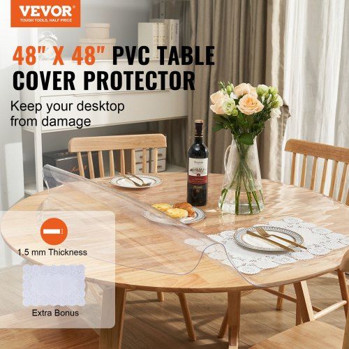 Photo 1 of VEVOR Clear Table Cover Protector, 48 inch/1230 mm Round Table Cover, 1.5 mm Thick PVC Plastic Tablecloth, Waterproof Desktop Protector for Writing Desk, Coffee Table, Dining Room Table