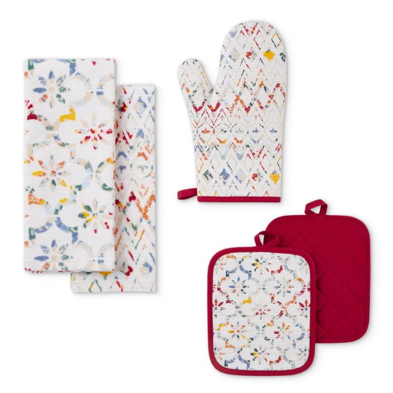 Photo 1 of  Ogee Tile Kitchen Towel, Pot Holder, and Oven Mitt Set, Multicolor 