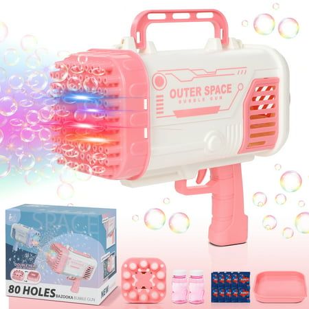 Photo 1 of  Wisairt Bubble Machine 80 Holes Bubble Blowing Toys with Replaceable Nozzles 2 Bubble Solution and Colorful Lights Bubble Toys Outdoor Birthday Wedding 