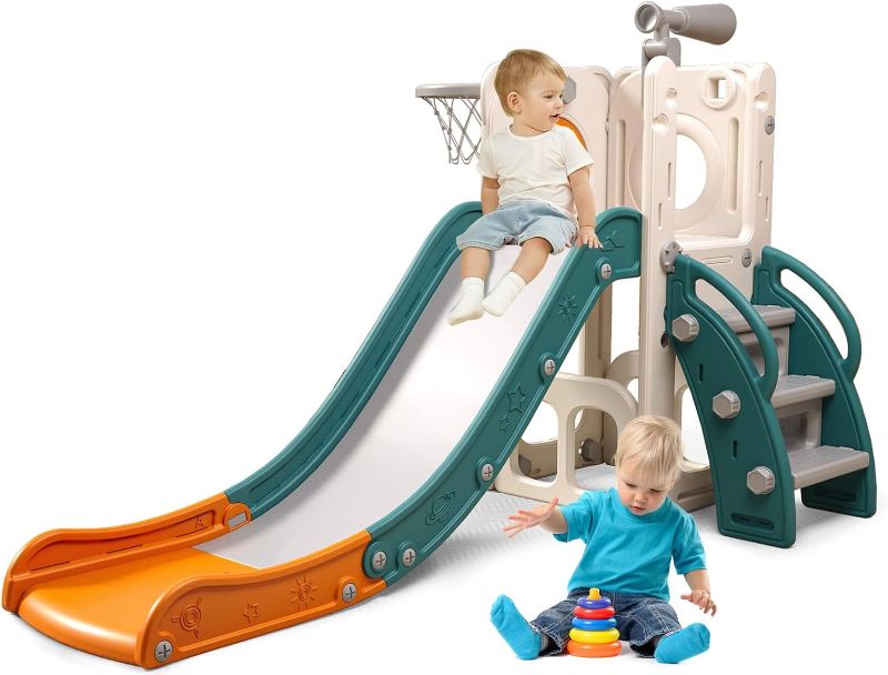 Photo 1 of 6 in 1 Toddler Playset with Slide, Kids Slide with Basketball Hoop, Ball, Ring Toss, Indoor Outdoor Toys