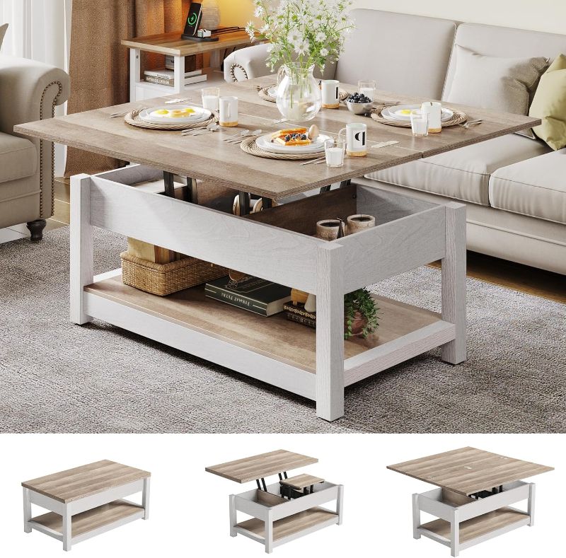 Photo 1 of  YITAHOME Lift Top Coffee Table for Living Room, 3 in 1 Multi-Function Coffee Tables with Storage, Farmhouse Rectangle Coffee Table Dining Table for Reception Room/Home Office, Grey Wash 