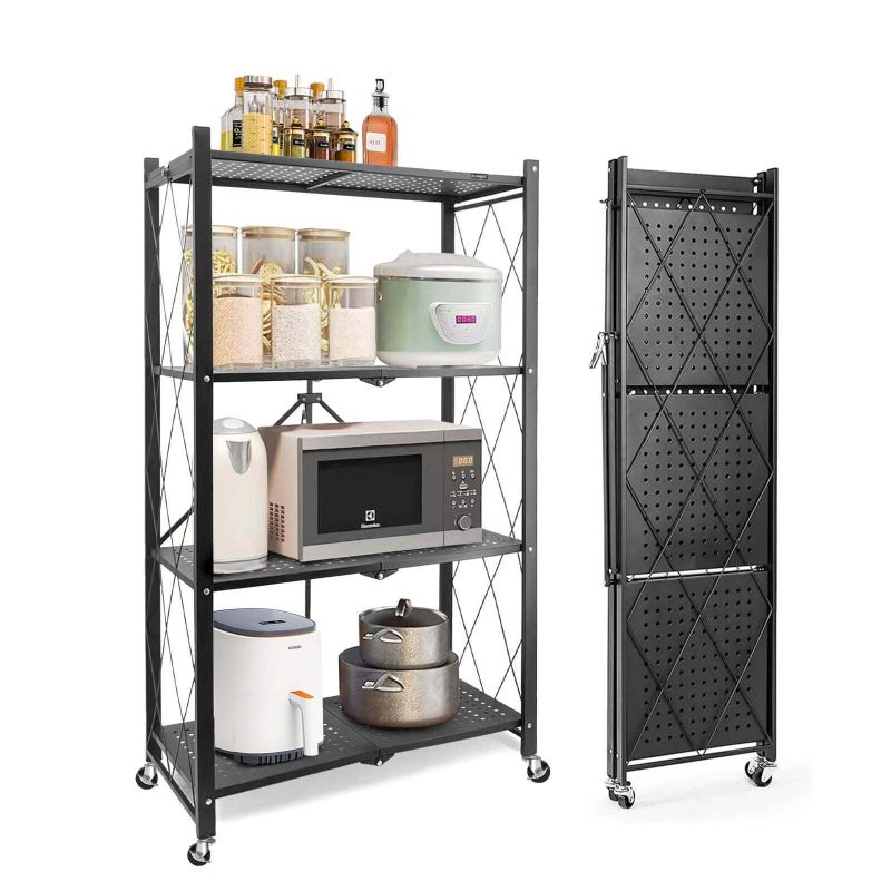 Photo 1 of 4-Tier Foldable Metal Rack Storage Shelving Unit, Kitchen Shelf with 3-Hooks