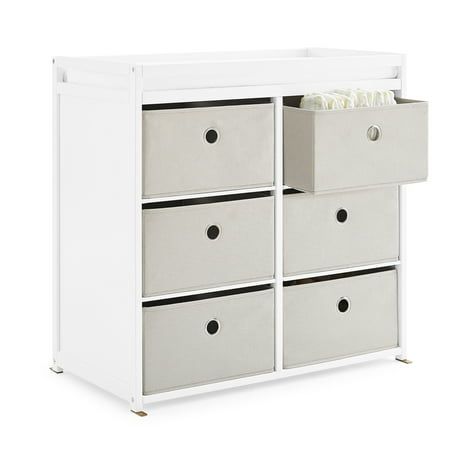 Photo 1 of Delta Children Hayes Changing Table with Fabric Bins - Bianca White/Flax Bins