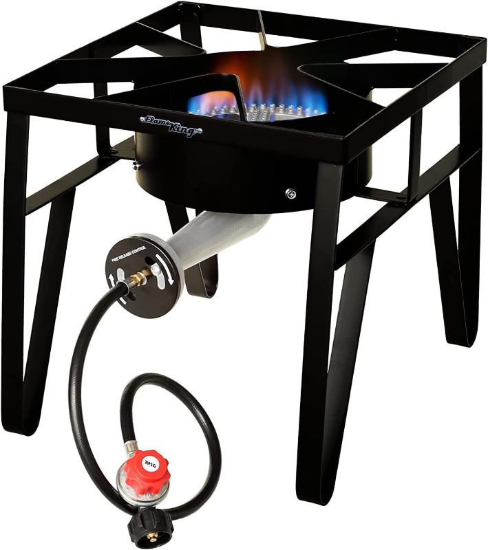 Photo 1 of  Flame King Heavy Duty 200K BTU, 0-20 PSI, Propane Gas Single Burner Bayou Cooker Outdoor Stove for Home Brewing, Turkey Fry, Maple Syrup Prep, Cajun Cooking, Black 