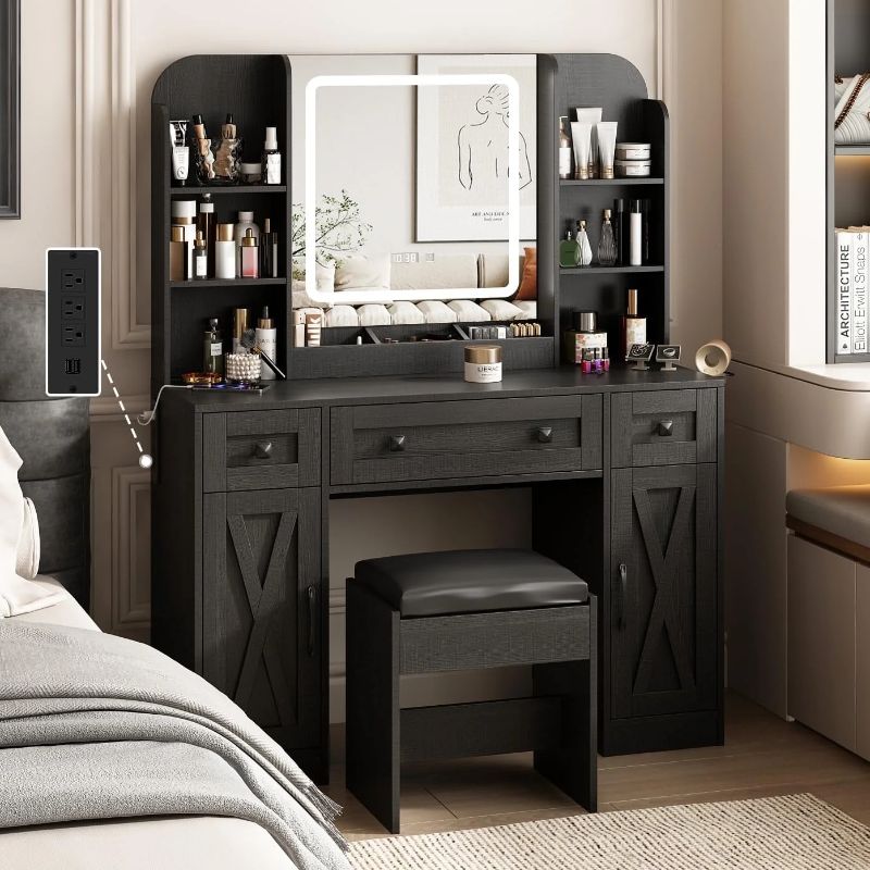 Photo 1 of Vabches Vanity Set with Lighted Mirror, Makeup Vanity Desk with Large Storage Drawers and Shelves, Time and Temperature Display