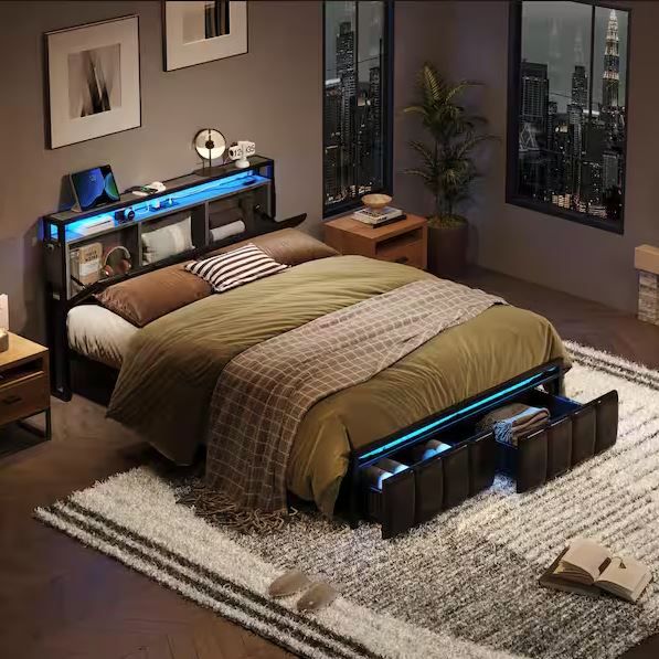 Photo 1 of Bestier Metal Frame Queen Size Platform Bed with Storage Drawers and LED Headboard with Charging Station