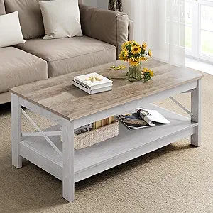 Photo 1 of YITAHOME Coffee Tables for Living Room, Modern Farmhouse Coffee Table with Storage, 2-Tier Center Table Wood Living Room Table Accent Cocktail with Sturdy Frame, Grey Wash