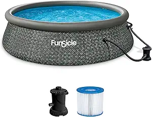 Photo 1 of Funsicle 12 Foot by 36 Inch Quickset Round Inflatable Ring Top Outdoor Above Ground Swimming Pool Set with Pump and Cartridge Filter, Dark Herringbone