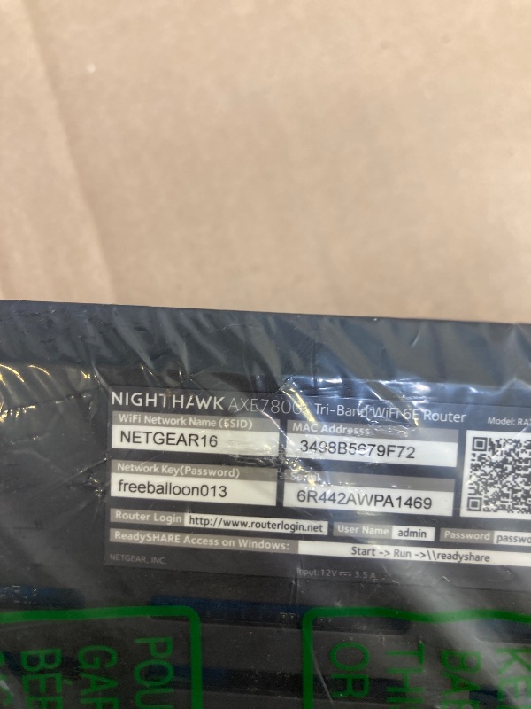 Photo 1 of NETGEAR Nighthawk Tri-Band WiFi 6E Router (RAXE300) - Security Features, AXE7800 Wireless Gigabit Speed (Up to 7.8Gbps), New 6GHz Band, 8-Streams Cover up to 2,500 sq. ft., 40 Devices