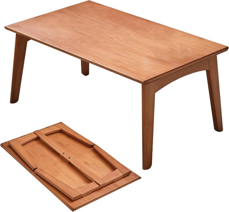 Photo 1 of Foldable Bamboo Floor Table No Assembly Required Outdoor Picnic Table Small Bedroom Furniture Laptop Desk Folding Coffee Tables for Living Room Decor (Walnut, Small)
