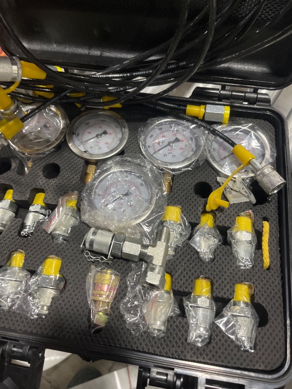 Photo 1 of GRYVOZE Hydraulic Pressure Test Kit with 5 Gauges(Max 10000 PSI), 13 Test Couplings 14 Tee Connectors 5 Test Hoses, Hydraulic Nitrogen Gauge Tester Set for Excavator, Construction, Machinery, and Mine
